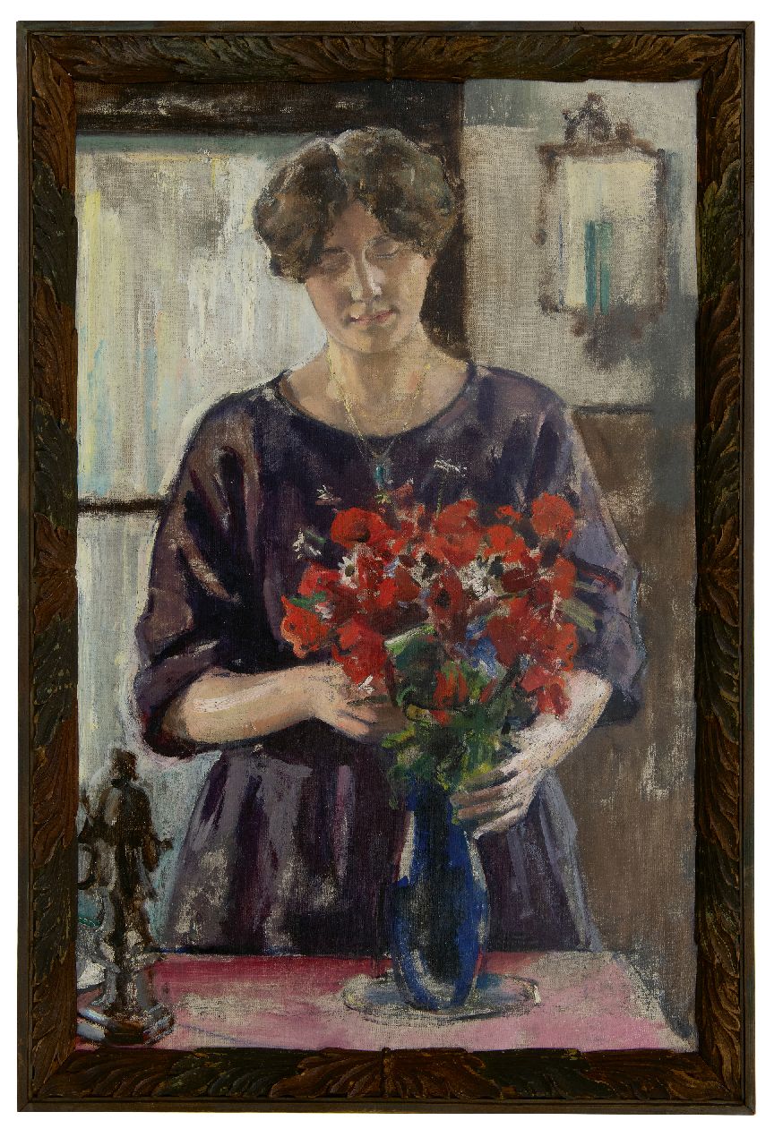 Rimböck M.  | Max Rimböck, Arranging poppies in a vase, oil on canvas 103.5 x 67.1 cm, signed l.l. and dated '34