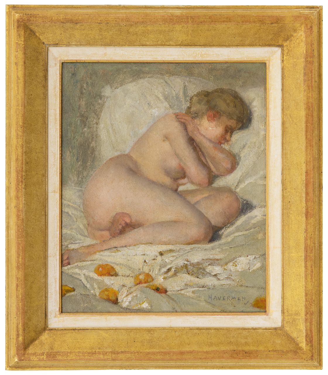 Haverman H.J.  | Hendrik Johannes Haverman | Paintings offered for sale | Sleeping nude, oil on canvas 30.5 x 25.7 cm, signed l.r.