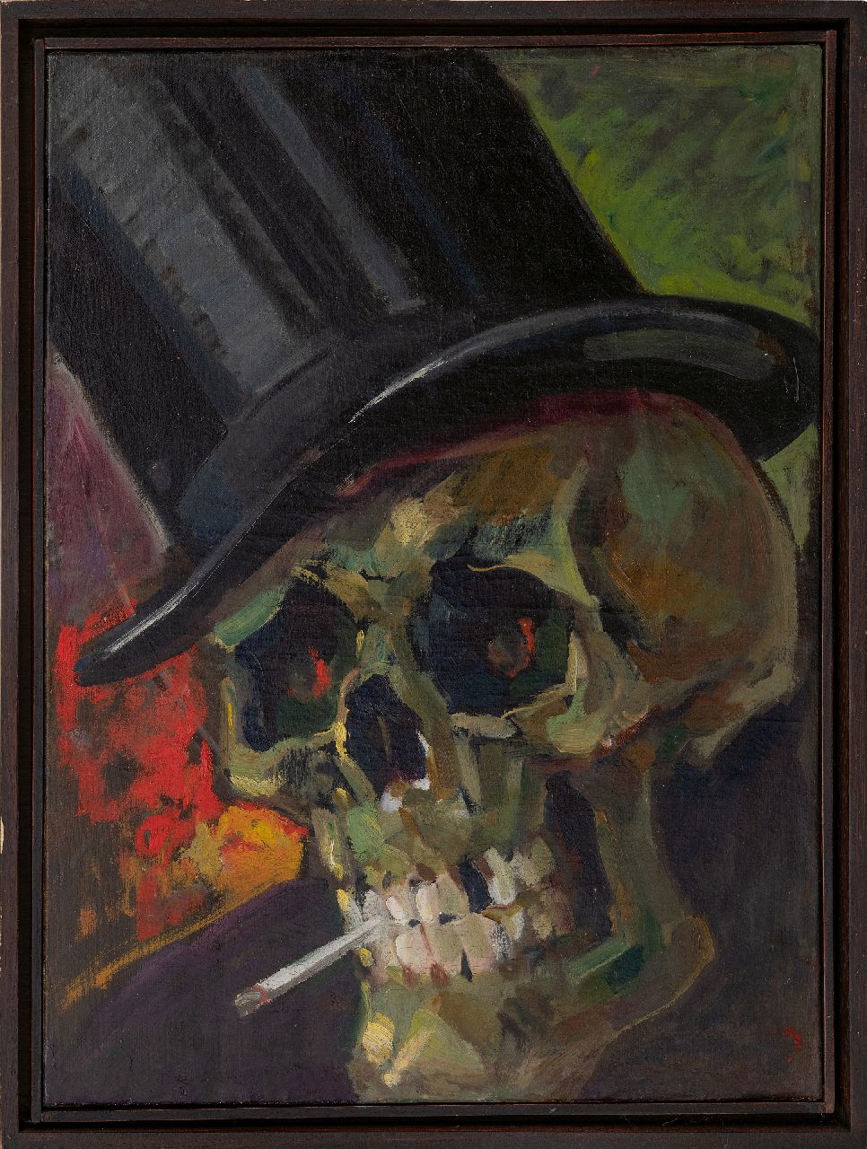 Hollandse School, ca. 1900   | Hollandse School, ca. 1900 | Paintings offered for sale | Skull with  cigarette and top-hat (memento mori), oil on canvas 59.9 x 44.8 cm, gesigneerd Ch. Brees and 1892