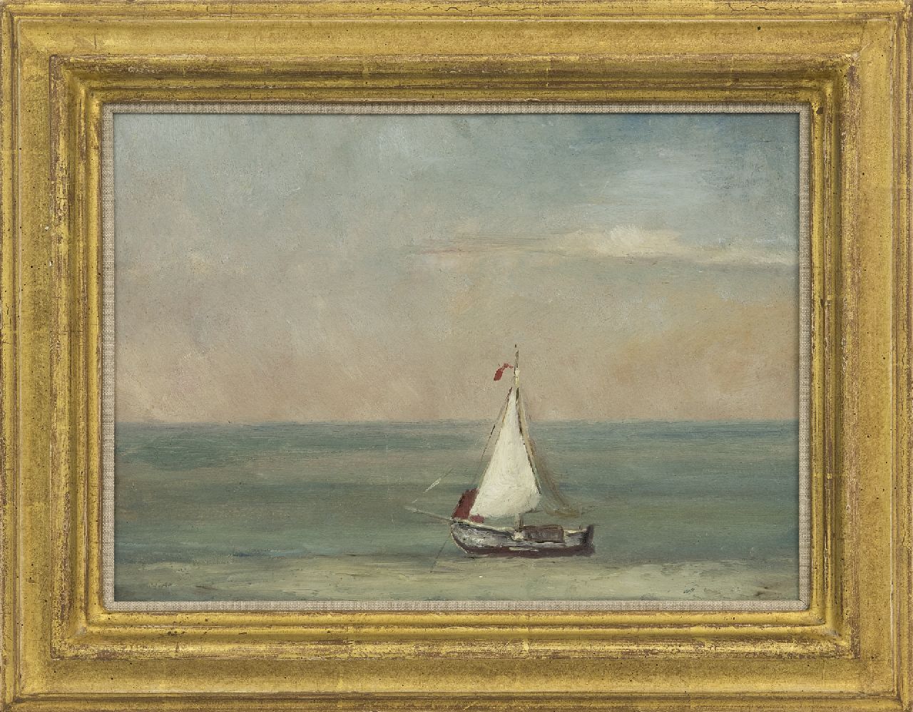 Mesdag H.W.  | Hendrik Willem Mesdag, A quiet sea wit a sailing vessel, oil on paper laid down on panel 21.8 x 30.2 cm