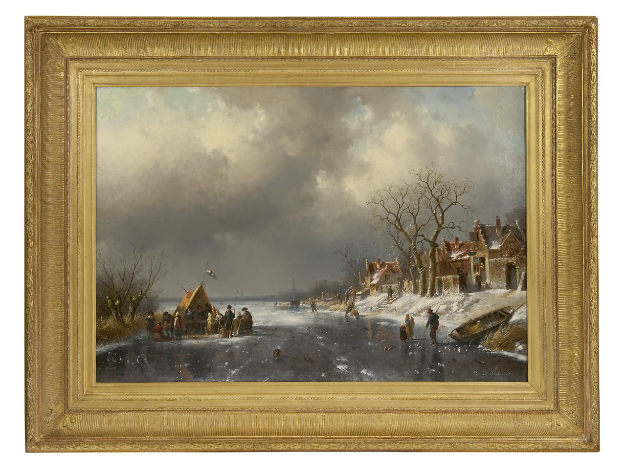 Leickert C.H.J.  | 'Charles' Henri Joseph Leickert, Refreshment stall on the ice on the outskirts of a village, oil on canvas 71.4 x 103.2 cm, signed l.r.
