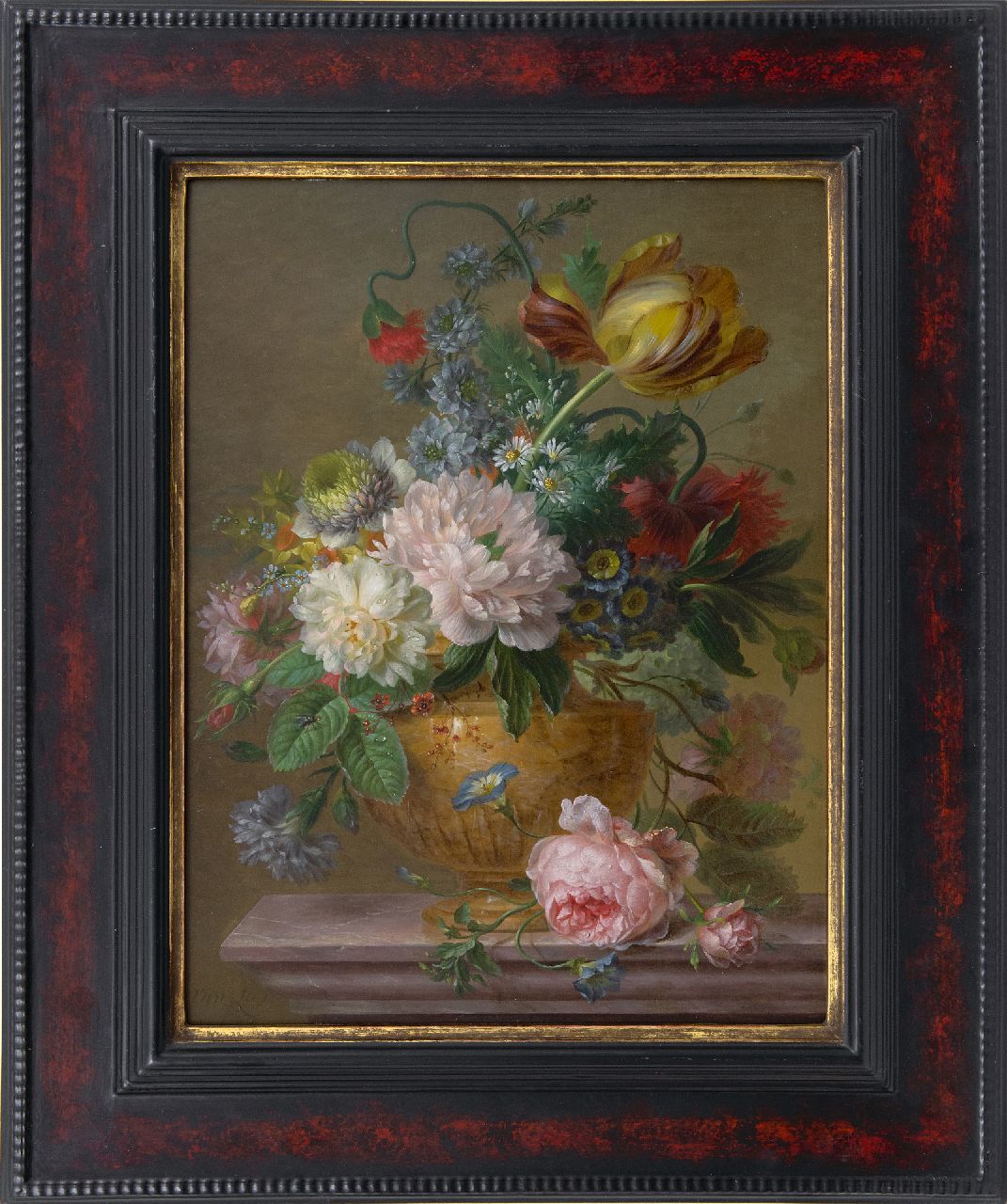 Leen W. van | Willem van Leen, Flower still life with peonies and tulips, oil on panel 48.8 x 36.7 cm, signed l.l.