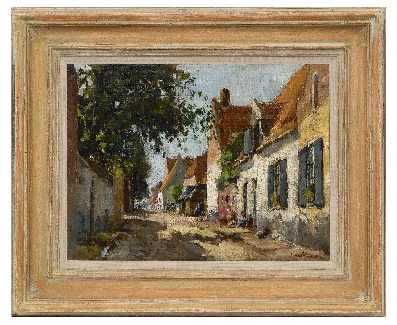 Vuuren J. van | Jan van Vuuren, A sunny street in Elburg, oil on canvas 30.0 x 39.8 cm, signed l.r.