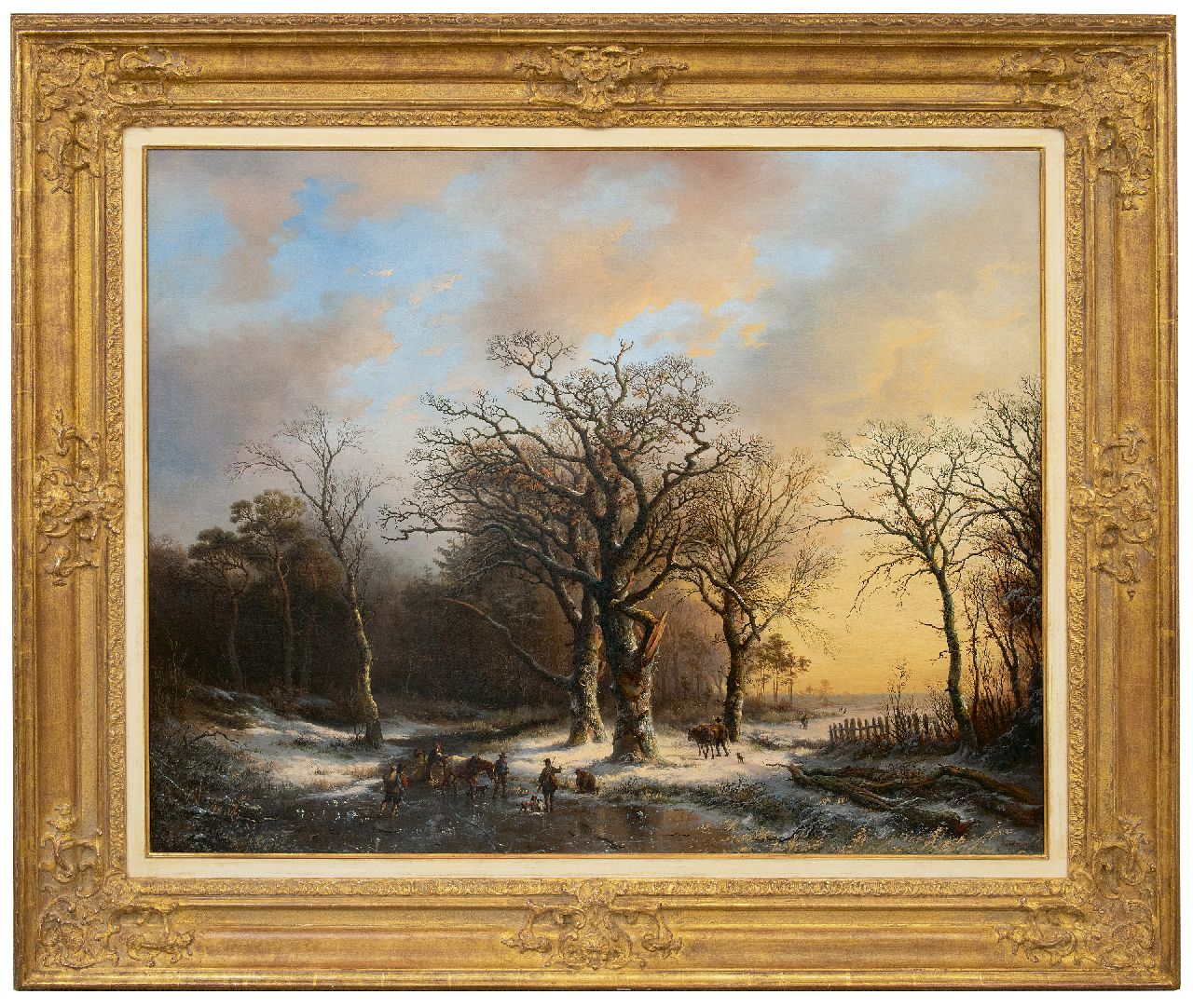 Bodeman W.  | Willem Bodeman, Meeting on the ice at sunset, oil on canvas 84.6 x 106.3 cm, signed l.r. 'Bodeman' (landscape) and 'EV' on the barrel and painted ca. 1846