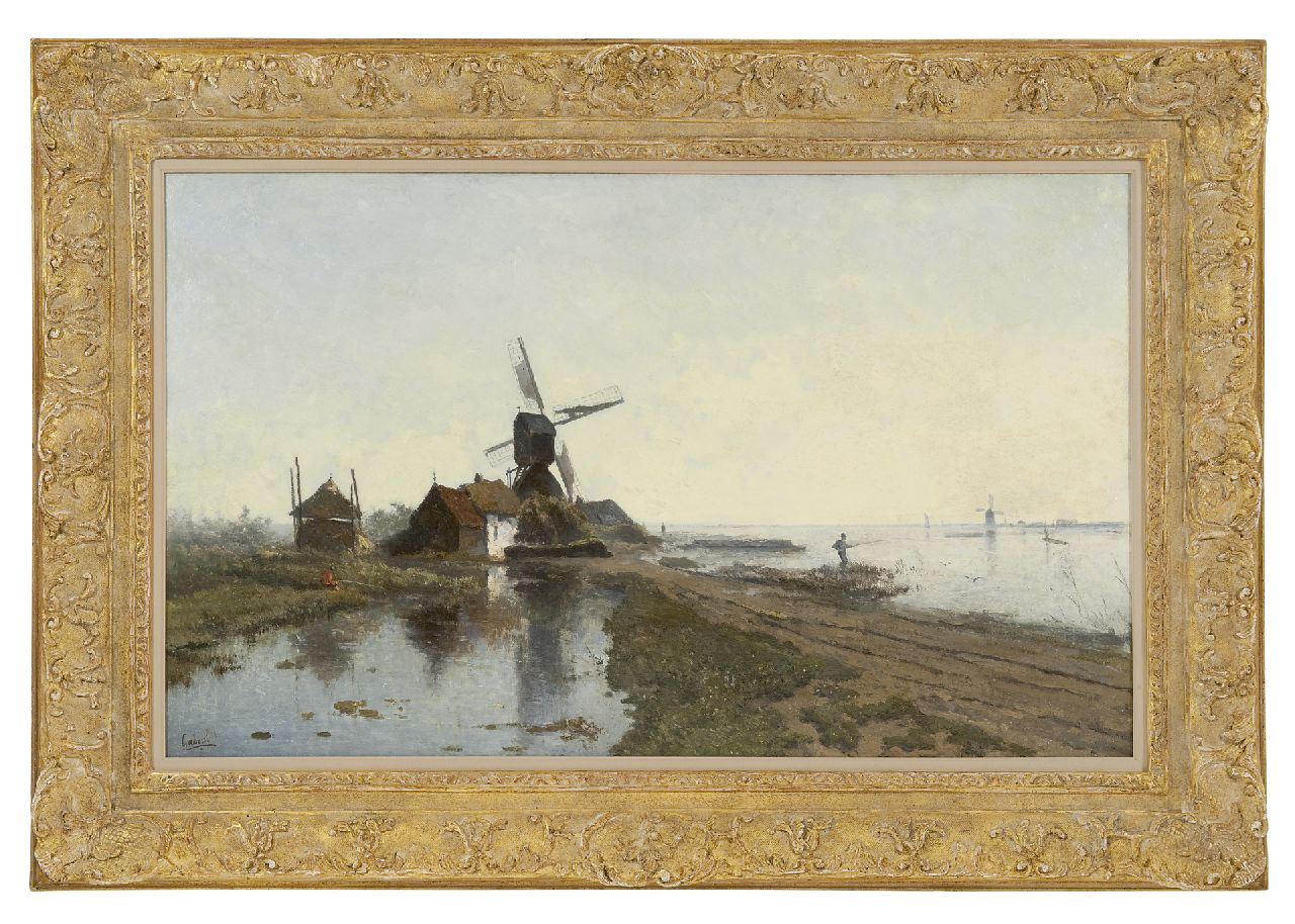 Gabriel P.J.C.  | Paul Joseph Constantin 'Constan(t)' Gabriel, The mill path near Kortenhoef, with windmill De Lelie, oil on panel 49.7 x 82.2 cm, signed l.l.