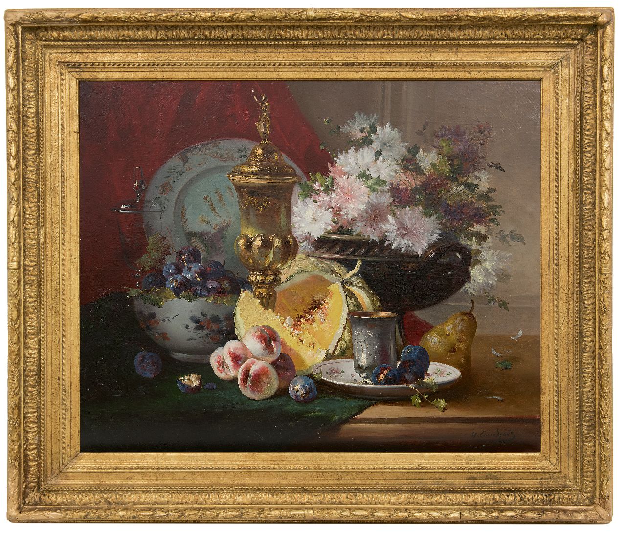 Cauchois E.H.  | Eugène-Henri Cauchois | Paintings offered for sale | A still life with crockery, flowers and fruit, oil on canvas 63.4 x 77.3 cm, signed l.r.