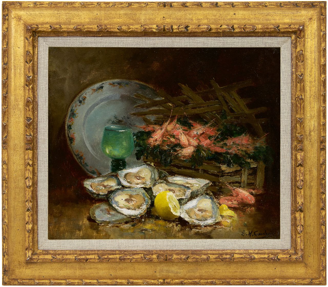 Cauchois E.H.  | Eugène-Henri Cauchois, A still life with oysters, oil on canvas 38.1 x 46.0 cm, signed l.r.