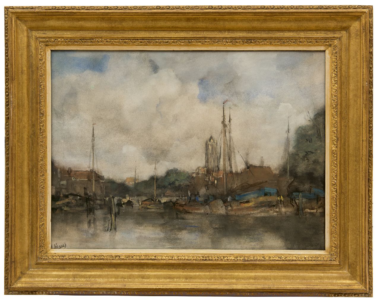 Maris J.H.  | Jacobus Hendricus 'Jacob' Maris | Watercolours and drawings offered for sale | A view of the inner harbour of  Utrecht and the Dom tower, watercolour on paper 42.0 x 57.4 cm, signed l.l.