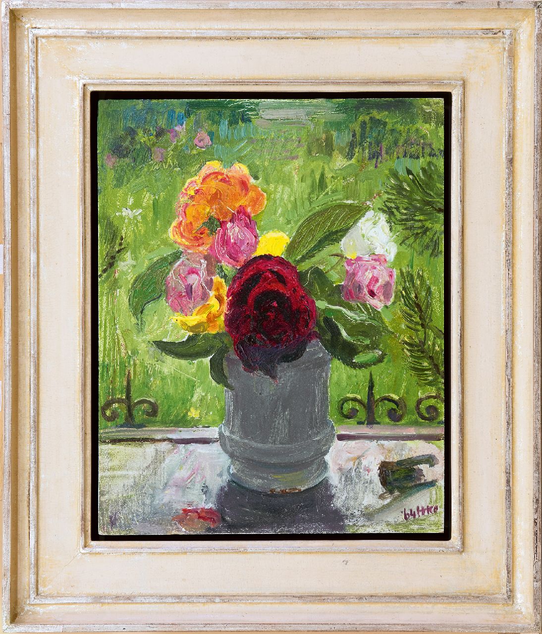 Kamerlingh Onnes H.H.  | 'Harm' Henrick Kamerlingh Onnes, Roses on a window sill, oil on panel 30.5 x 24.6 cm, signed l.r. with monogram and dated '64