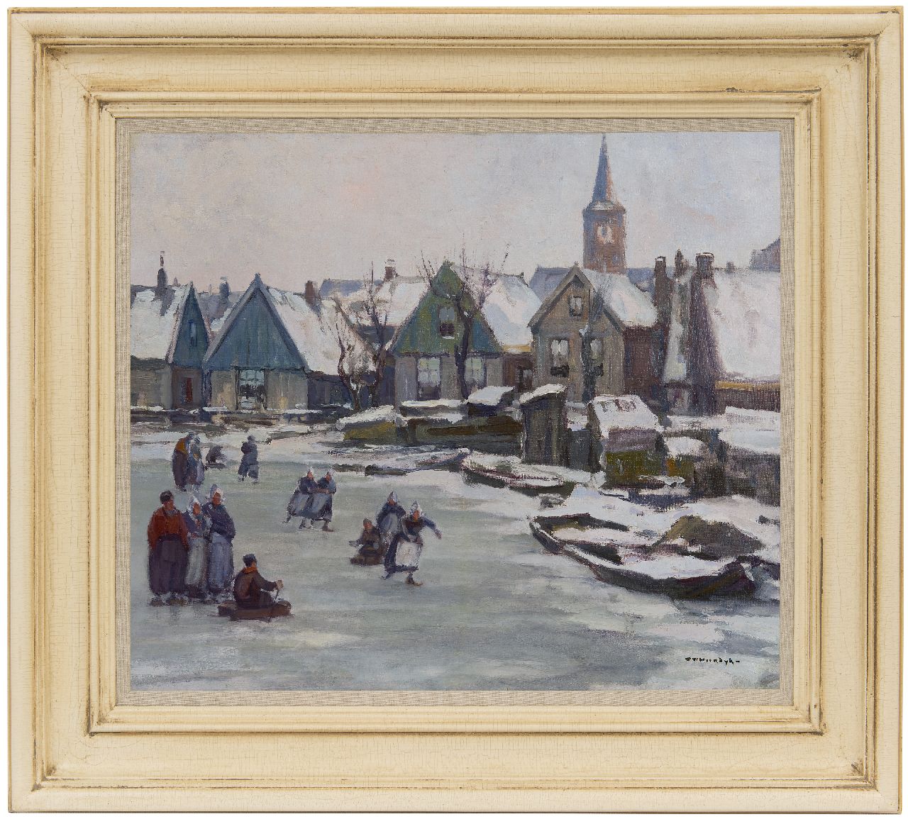 Noordijk W.F.  | 'Willem' Frederik Noordijk | Paintings offered for sale | Skaters in Volendam, oil on canvas 46.3 x 54.4 cm, signed l.r.