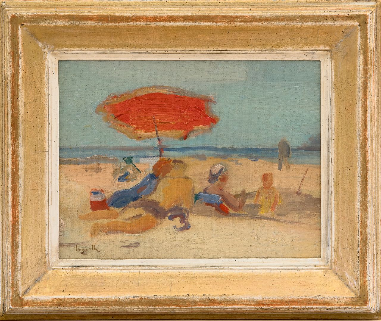 Smith A.  | Alfred Smith, Beach scene, oil on canvas laid down on board 19.5 x 25.5 cm, signed l.l.