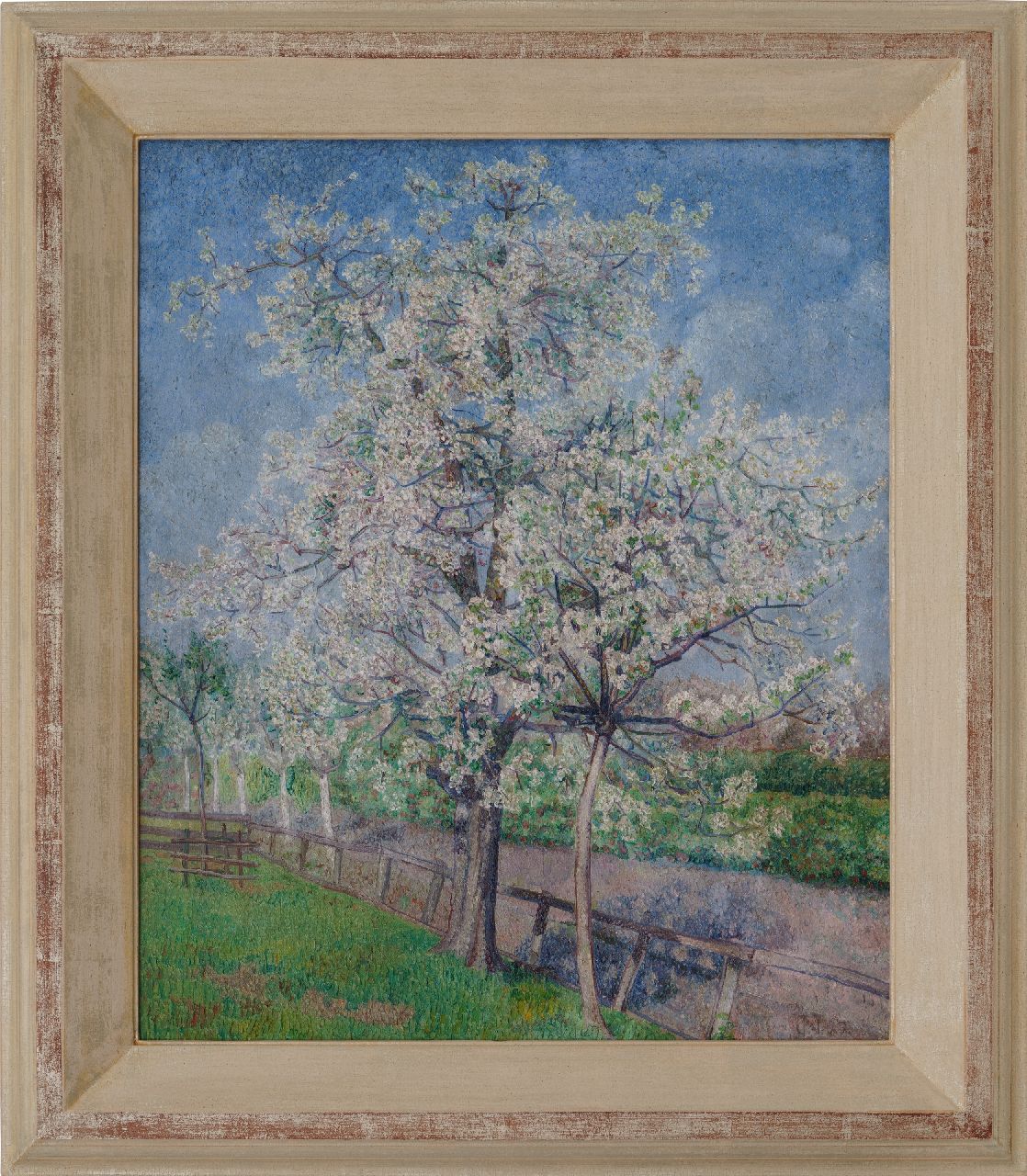 Nieweg J.  | Jakob Nieweg, Trees in bloom along a fence, oil on canvas 60.0 x 50.1 cm, signed l.r. with monogram and dated '22