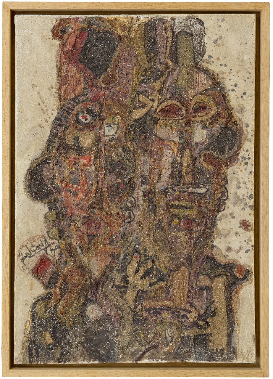 Adingra G.E.  | Georges Ebrin Adingra | Paintings offered for sale | L'intuition Imaginative des Magiciens, oil and sand on canvas 72.9 x 50.3 cm, signed c.l. and dated '68