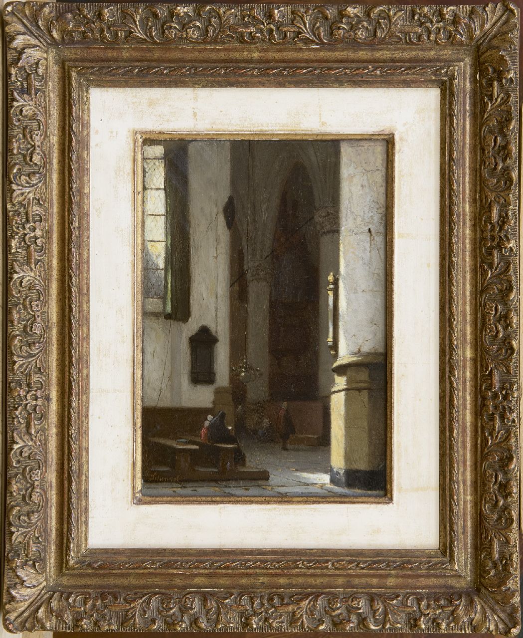 Schenkel J.J.  | Jan Jacob Schenkel, Interior of the Hooglandse Church in Leiden, oil on panel 21.4 x 15.1 cm, signed l.l.