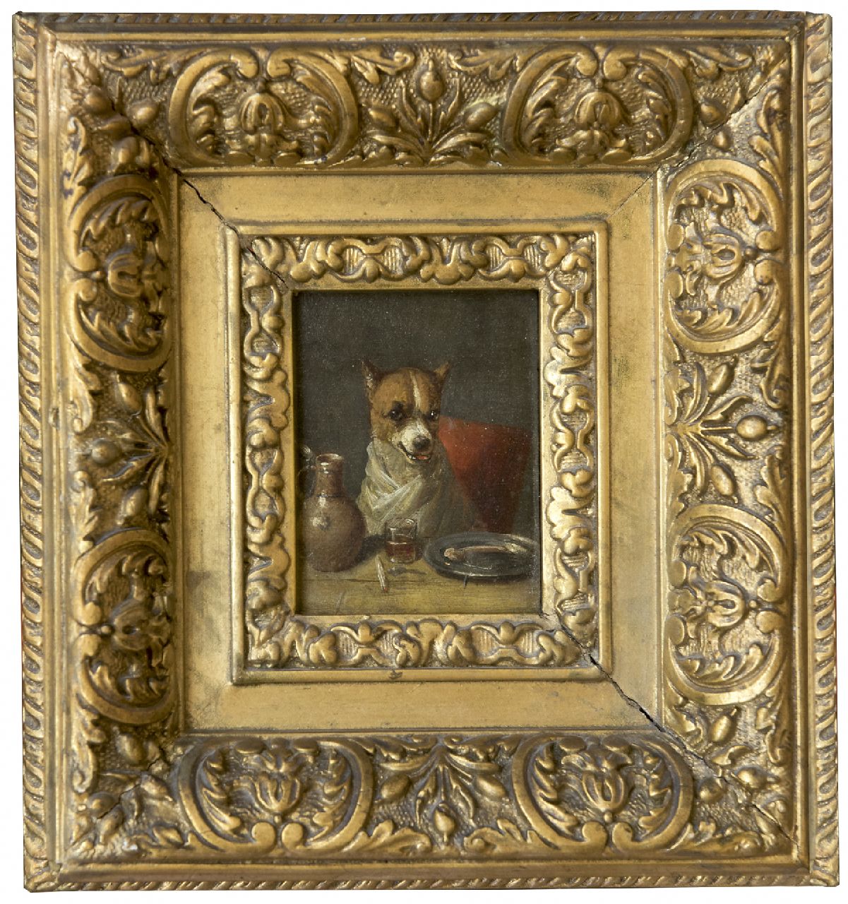 Eycken Ch. van den | Charles van den Eycken, The gourmet: a dog at the table, oil on panel 7.5 x 5.6 cm, signed u.l. with monogram and dated '77