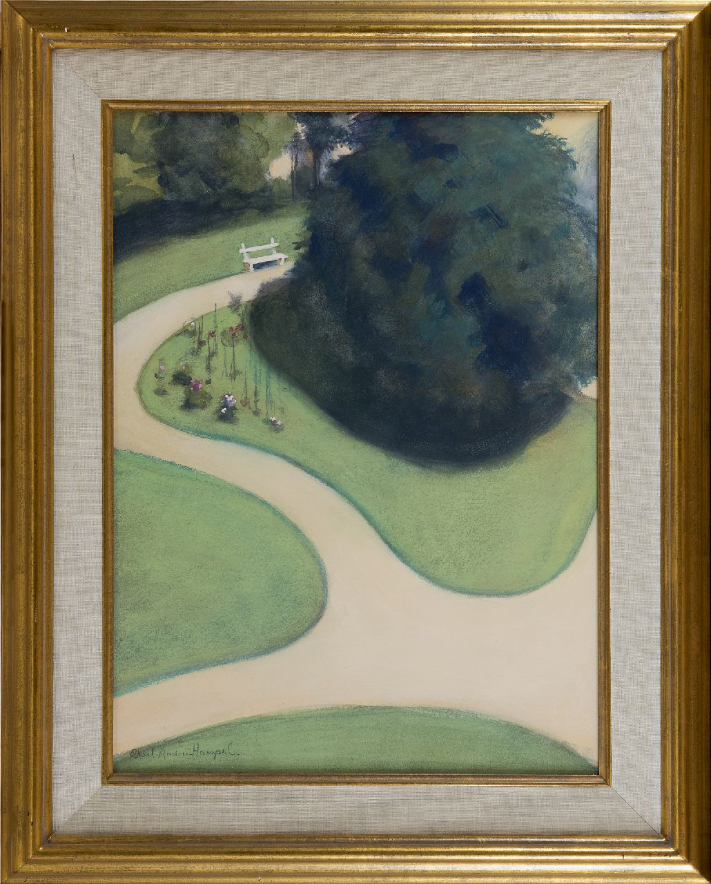Hampel C.  | Charlotte Hampel, The white bench, chalk and gouache on paper 44.3 x 32.7 cm, signed l.l. and executed after 1897