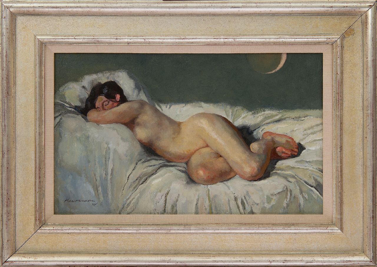 Haverman H.J.  | Hendrik Johannes Haverman | Paintings offered for sale | Reclining nude at solar eclipse, oil on canvas 31.1 x 50.3 cm, signed l.l.