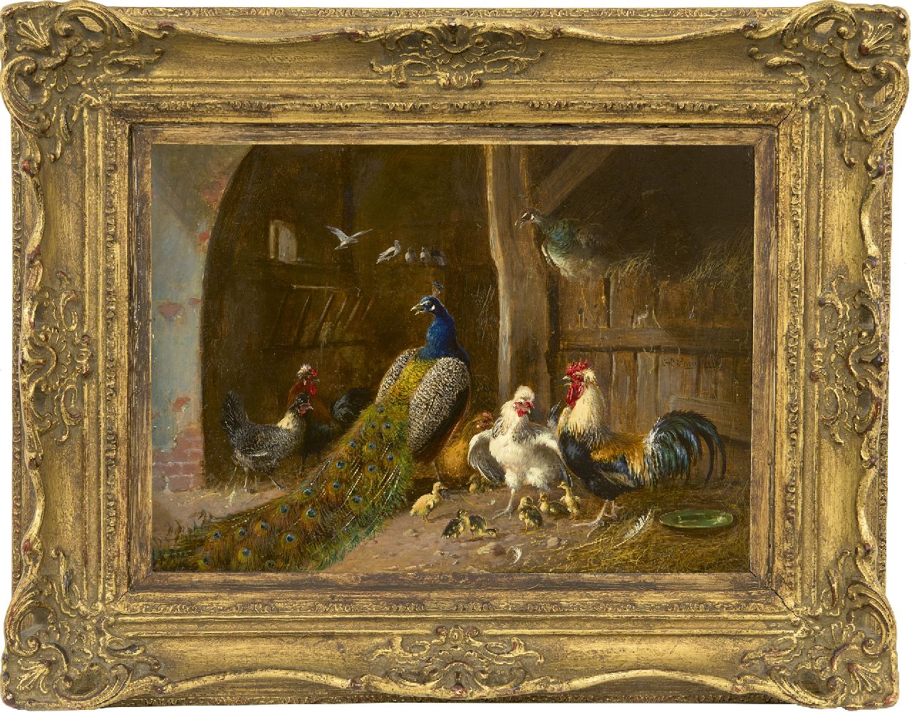Scheuerer J.  | Julius Scheuerer, Peacock couple with rooster and chickens in the barn, oil on panel 22.2 x 31.1 cm, signed c.r.