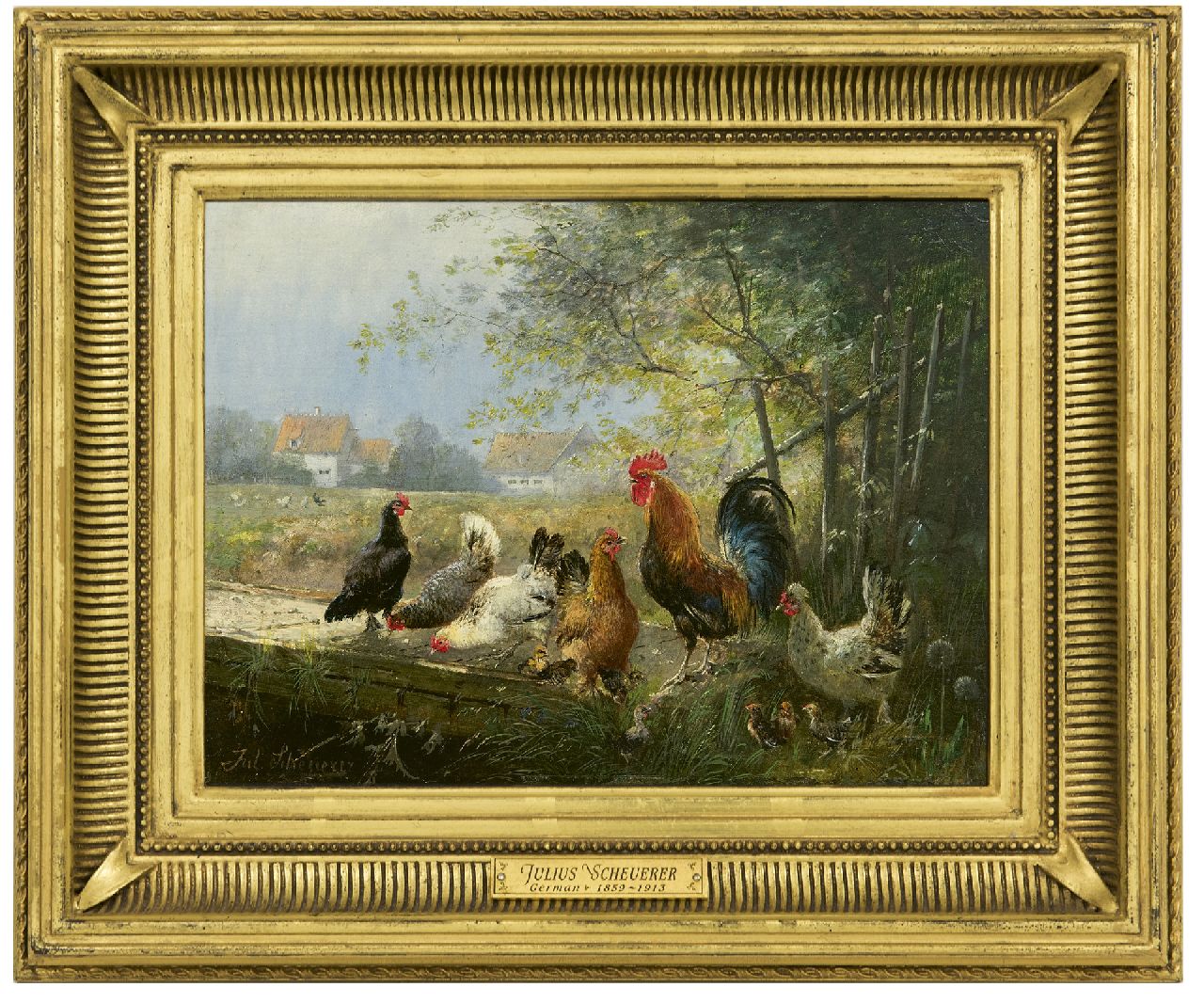 Scheuerer J.  | Julius Scheuerer, Rooster with his chickens, oil on panel 18.7 x 24.4 cm, signed l.l.