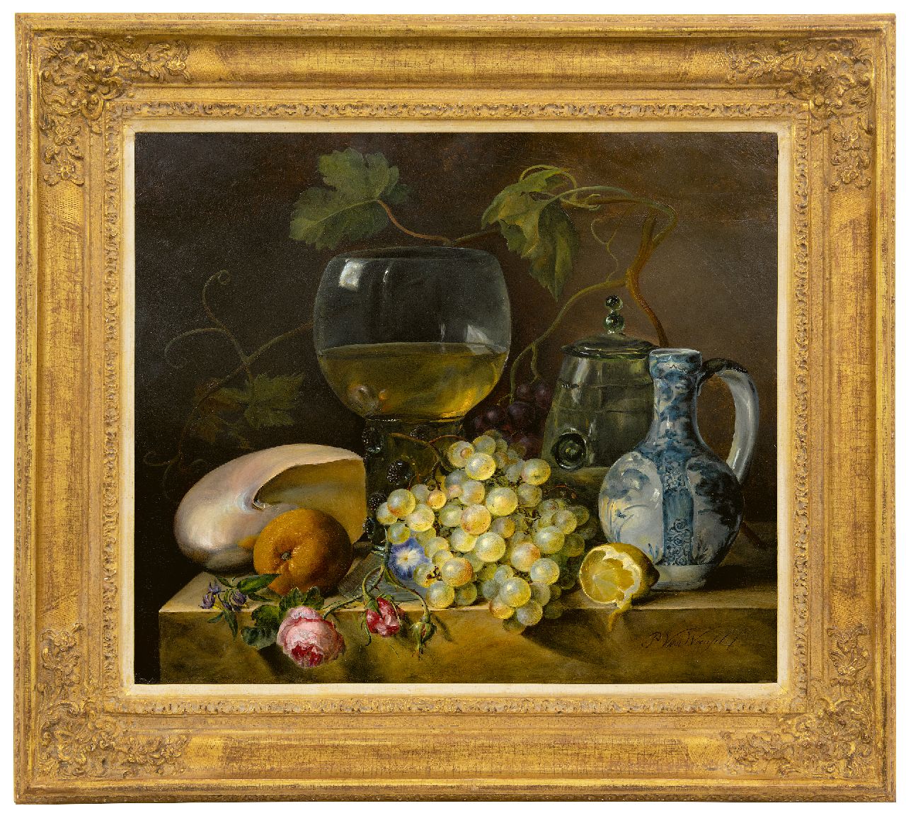 Woensel P. van | Petronella van Woensel, A still life of a rummer, exotic shell and grapes, oil on panel 50.8 x 58.9 cm, signed l.r.