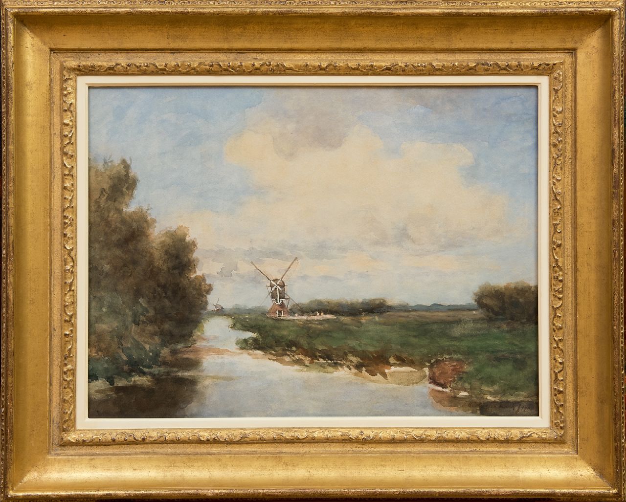 Weissenbruch H.J.  | Hendrik Johannes 'J.H.' Weissenbruch, The windmills De Oude Meije and Nieuwe Ziende mill in the polder Nieuwkoop en Noorden, watercolour on paper 45.2 x 60.4 cm, signed l.r. and dated 1901