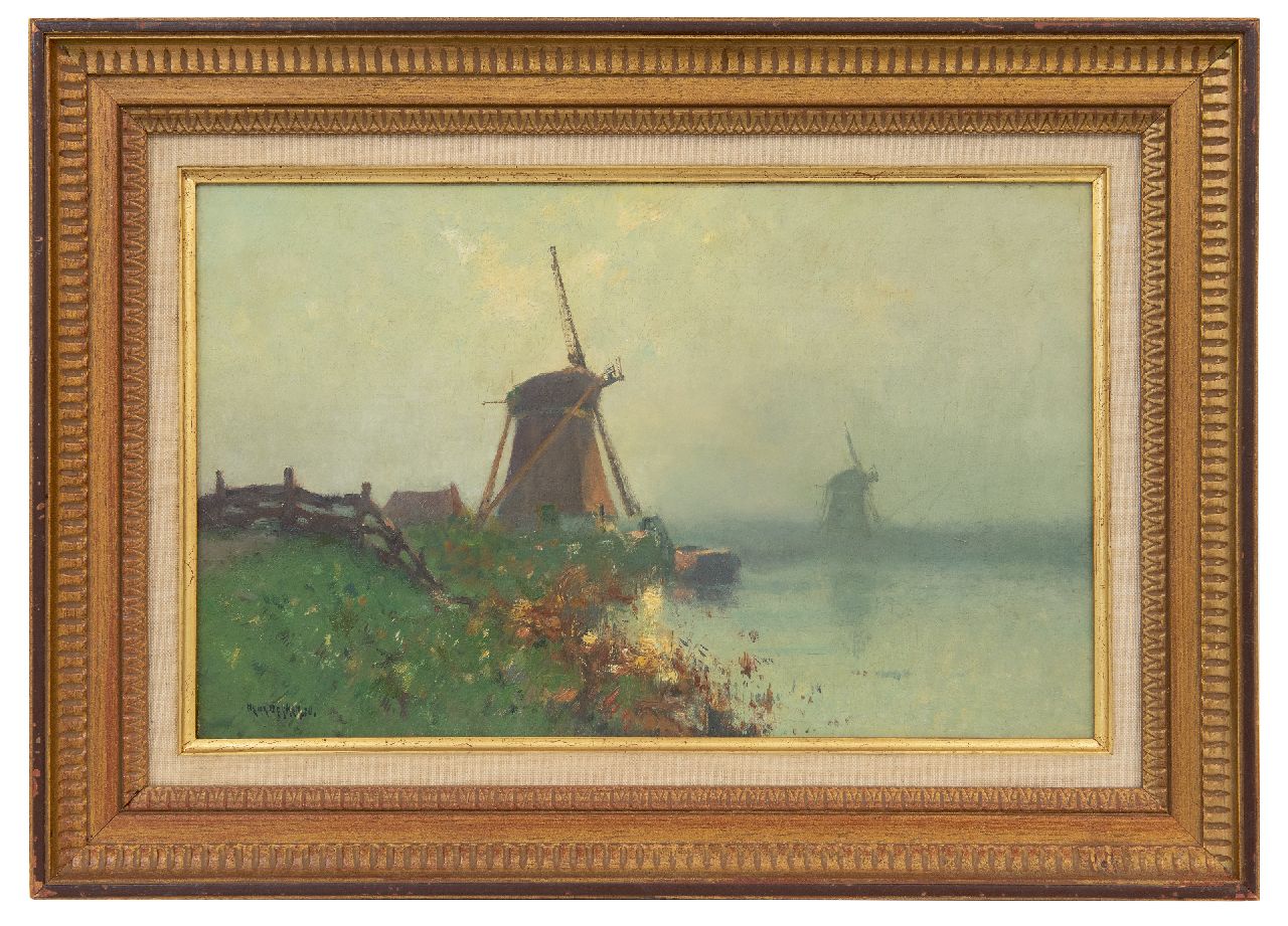 Dekker H.N.  | Henricus Nicolaas 'Henk' Dekker, Windmills in morning fog, oil on canvas 26.8 x 43.2 cm, signed l.l.