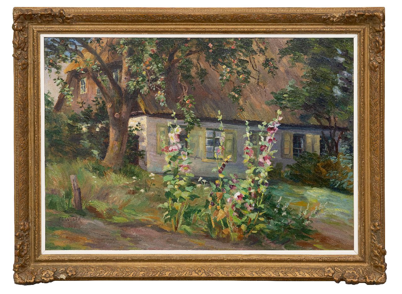 Weber M.  | Marie Weber | Paintings offered for sale | Hollyhocks on a farmyard, oil on board 34.8 x 49.8 cm, signed l.l. and with stamp on label on the reverse and dated 1919