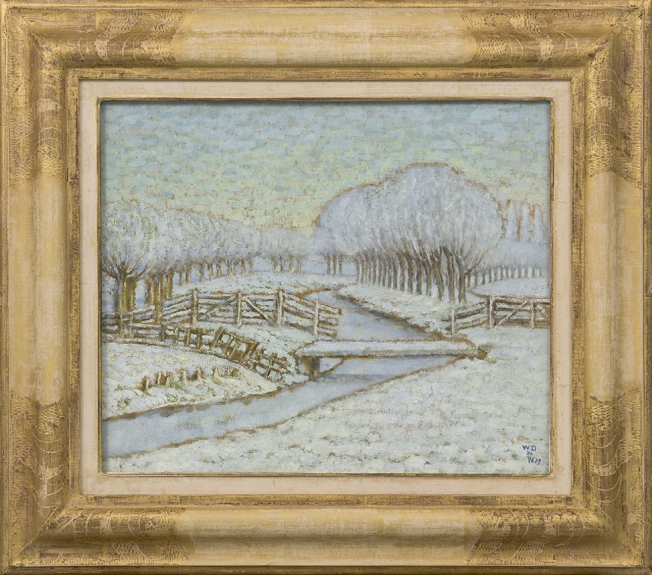 Degouve de Nuncques W.  | William Degouve de Nuncques, Trees in a snowy Dutch landscape, oil on board 31.3 x 37.7 cm, signed l.r. with initials and dated '17