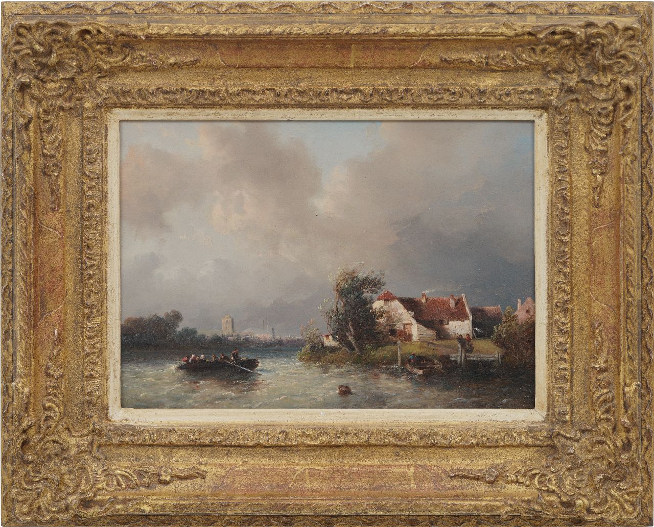 Verveer S.L.  | 'Salomon' Leonardus Verveer | Paintings offered for sale | A ferry on a choppy river, the Grote Kerk of Dordrecht in the distance, oil on panel 20.8 x 29.6 cm, signed l.r. and dated '51