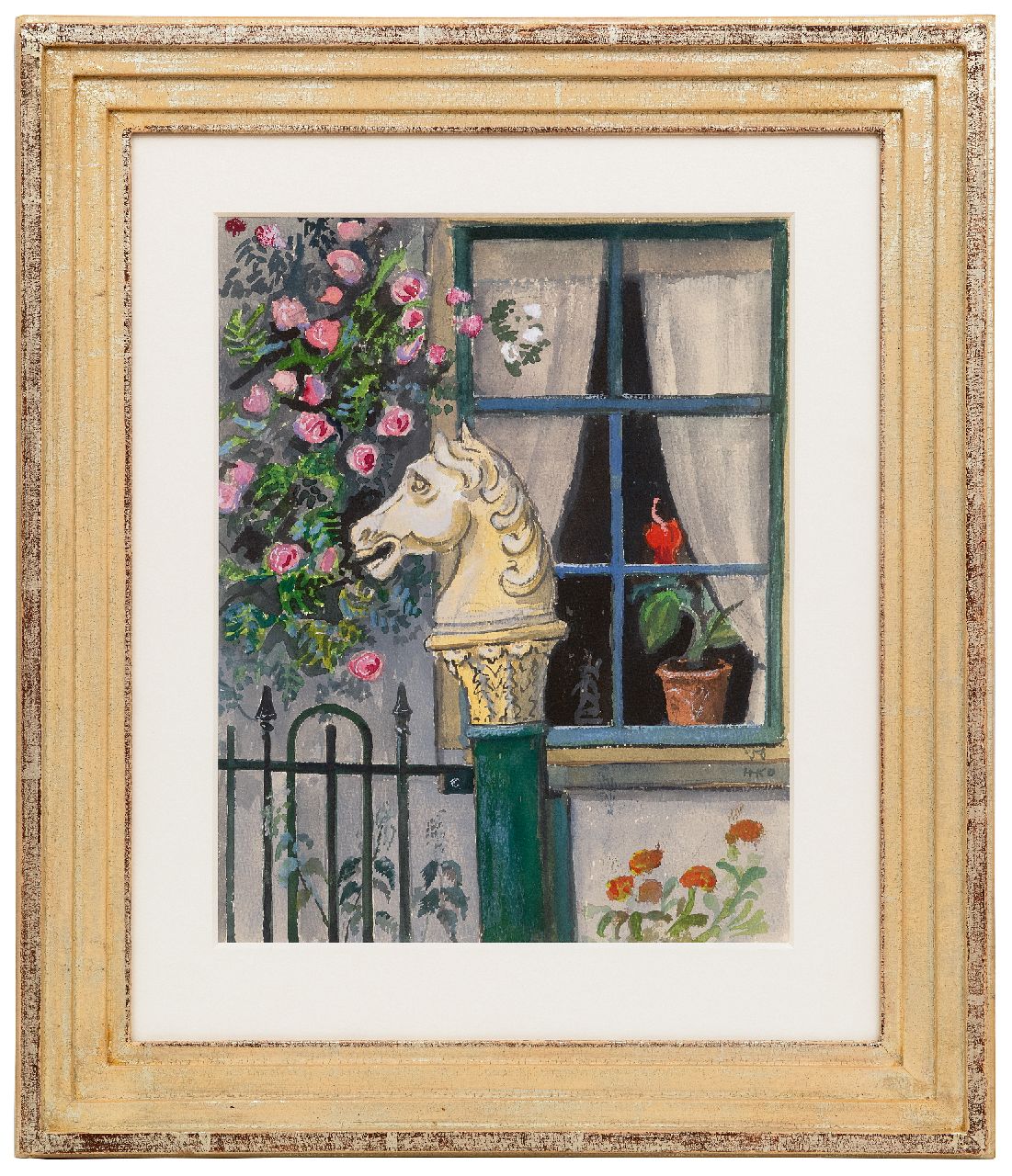 Kamerlingh Onnes H.H.  | 'Harm' Henrick Kamerlingh Onnes | Watercolours and drawings offered for sale | Farm with horse head on a column, watercolour on paper 29.0 x 23.0 cm, signed l.r. and dated 1958