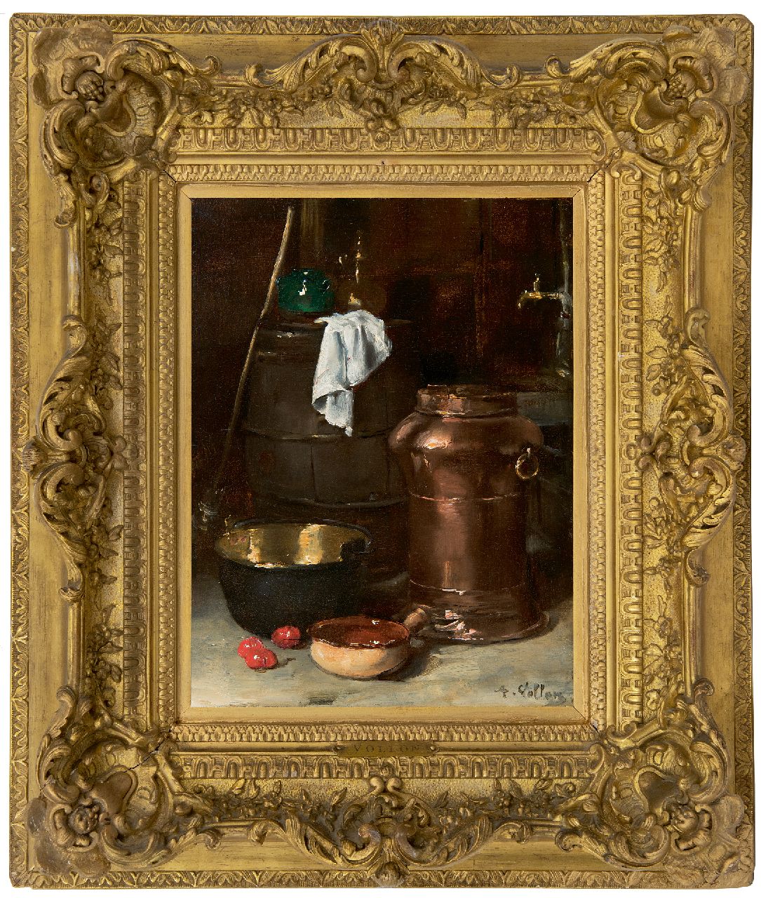 Vollon A.  | Antoine Vollon | Paintings offered for sale | Still life with a copper churn and brass pan, oil on panel 32.3 x 24.3 cm, signed l.r.