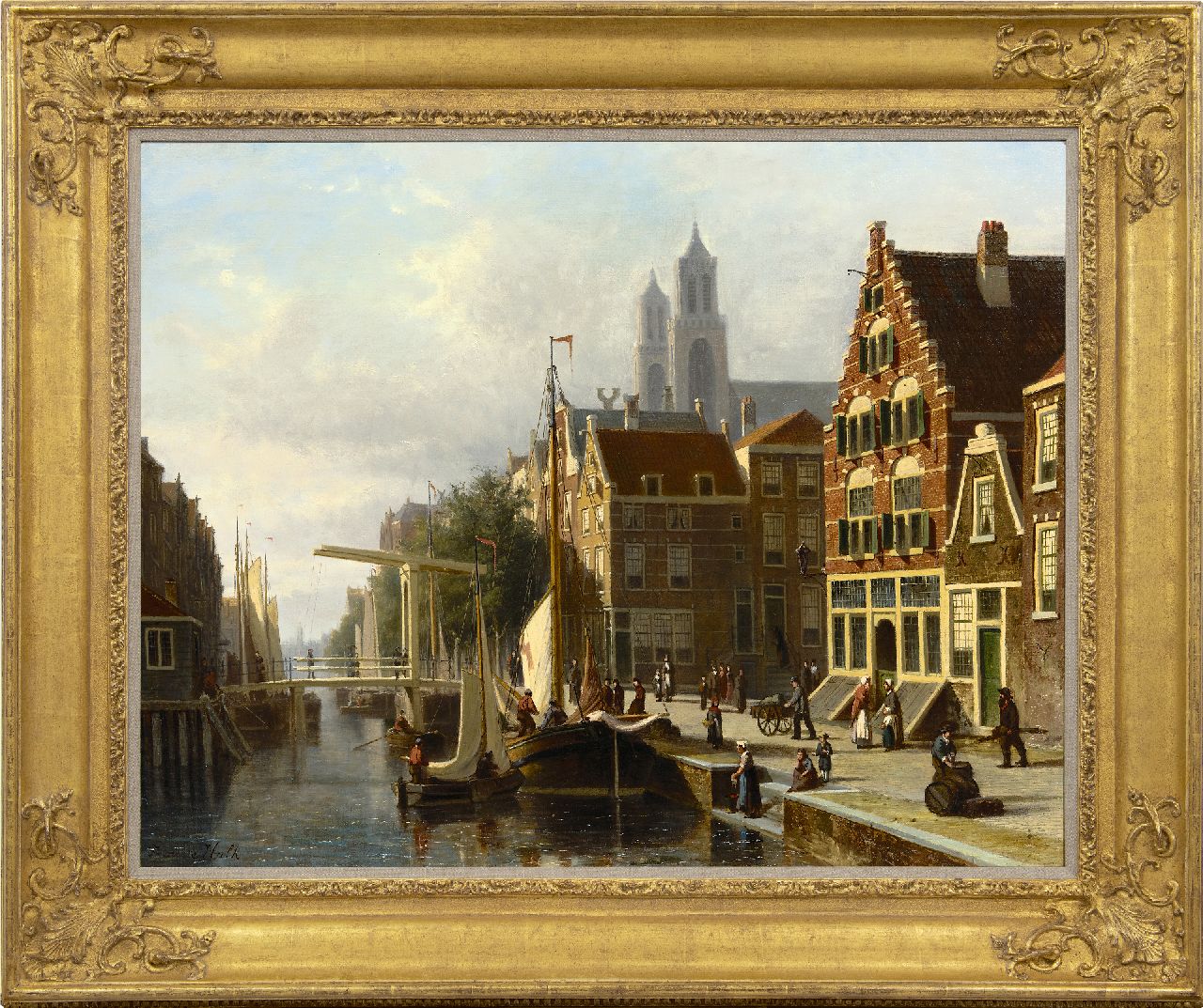 Hulk sr. J.F.  | Johannes Frederik Hulk sr., Moored sailing vessels in a Dutch canal, oil on canvas 71.9 x 92.7 cm, signed l.l.