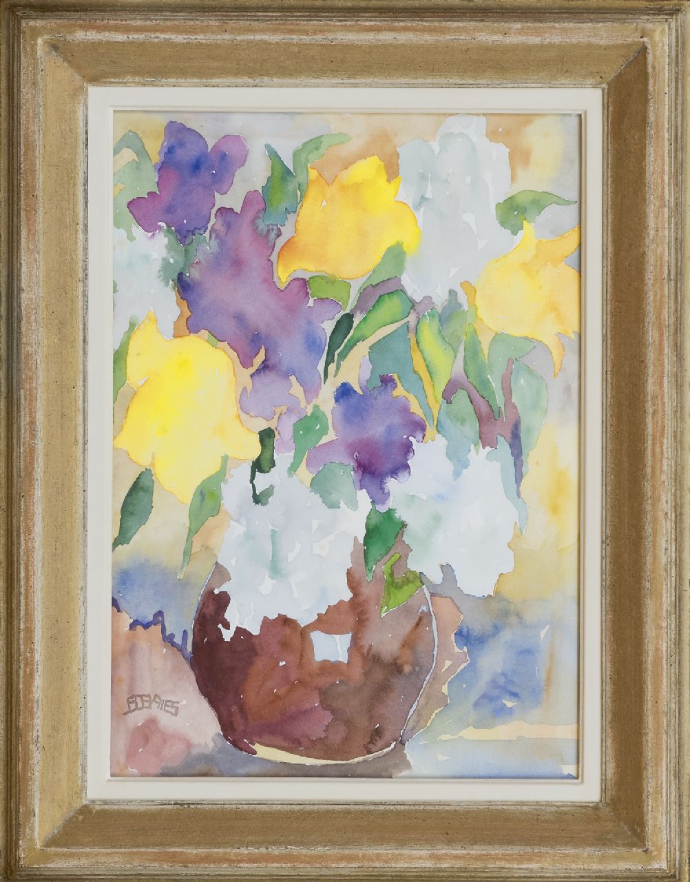 Vries J.S. de | Jacob Sybout 'Jaap' de Vries | Watercolours and drawings offered for sale | Flowers in a vase, watercolour on paper 37.1 x 26.3 cm, signed l.l. with monogram and painted in the 1960's