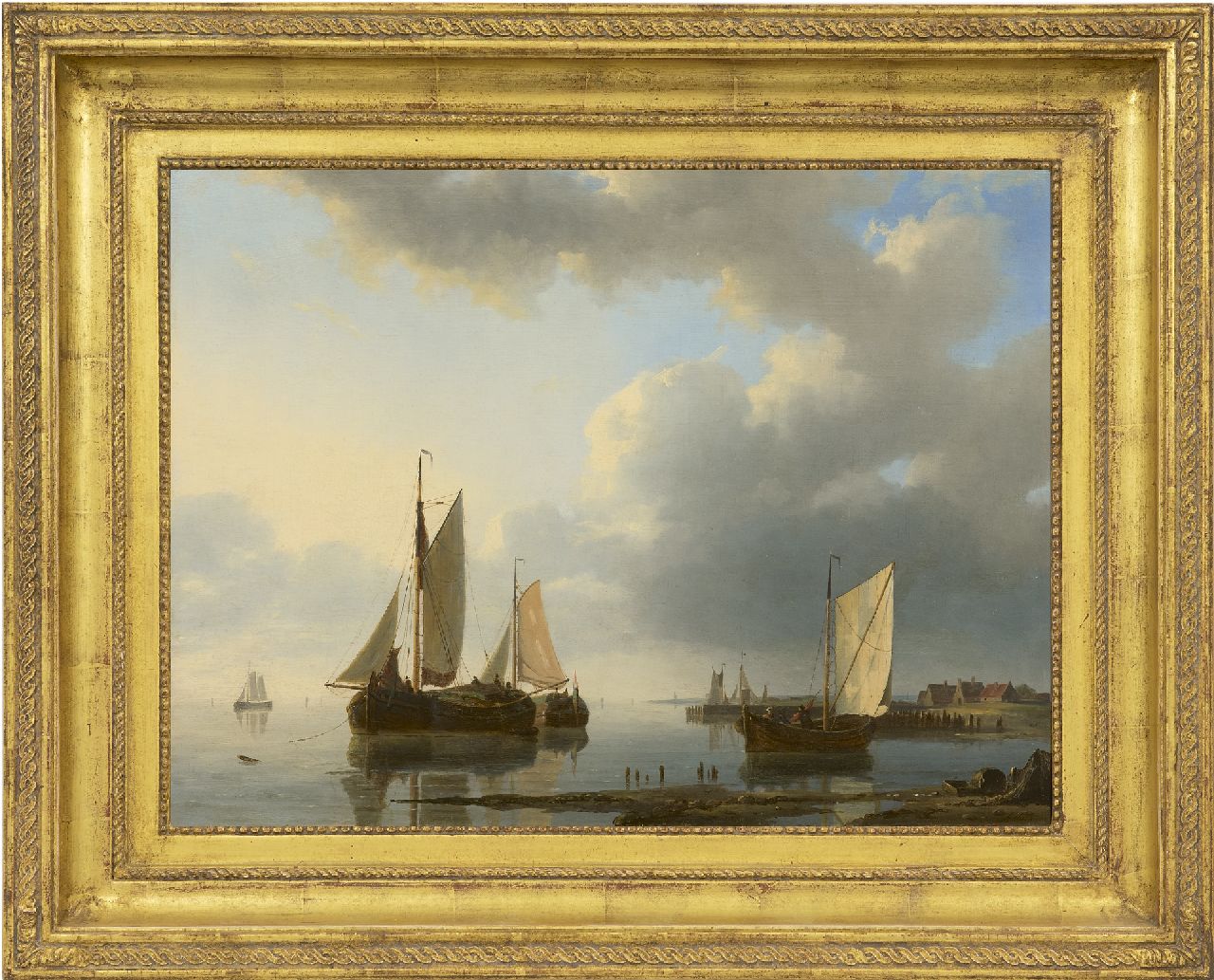 Hulk A.  | Abraham Hulk, Moored sailing ships in a calm sea, oil on panel 34.0 x 45.0 cm, signed l.r.