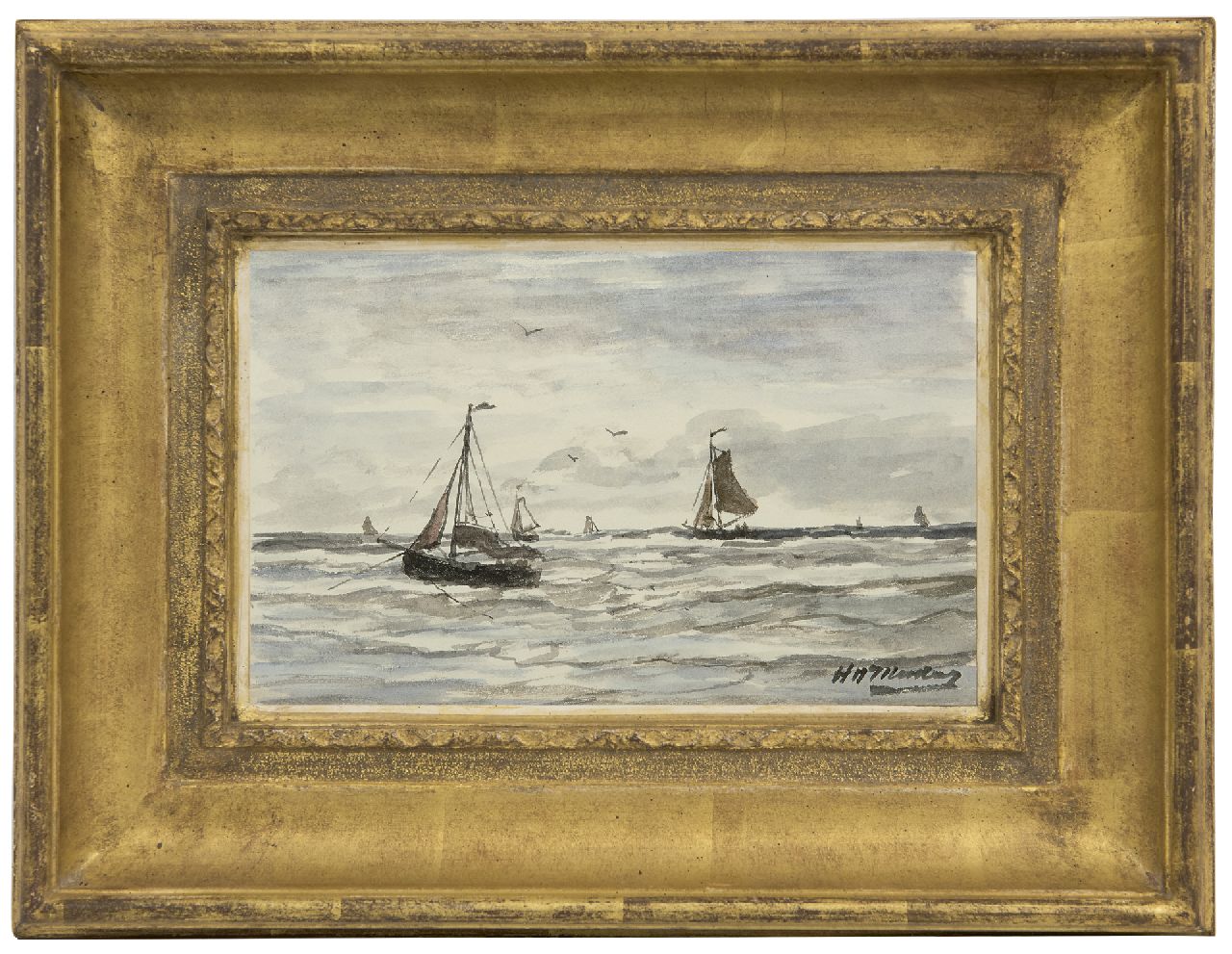 Mesdag H.W.  | Hendrik Willem Mesdag, Fishing boats in the surf, Scheveningen, watercolour on paper 13.2 x 21.0 cm, signed l.r.