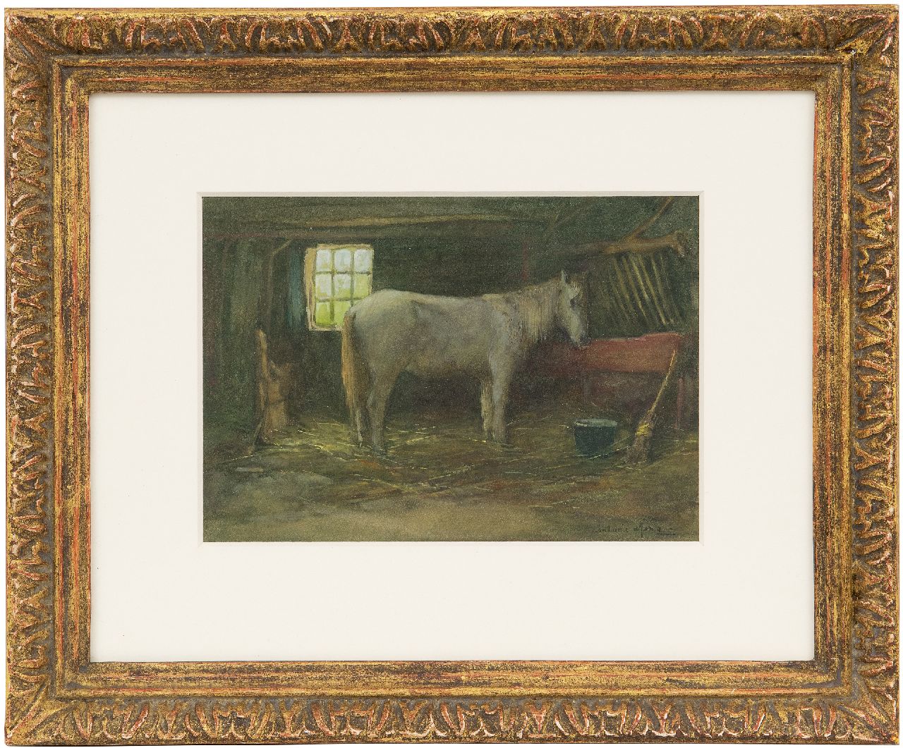 Jong A.G. de | 'Antonie' Gerardus de Jong | Watercolours and drawings offered for sale | A grey in its stable, watercolour on paper 13.6 x 19.6 cm, signed l.r.
