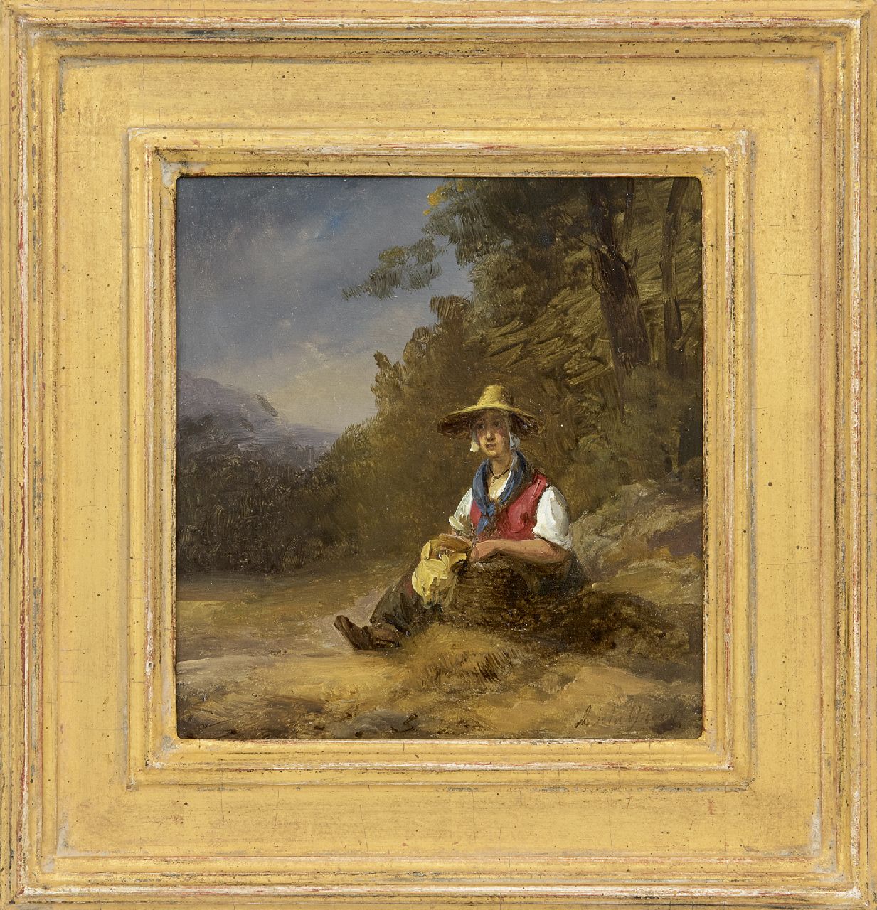 Schelfhout A.  | Andreas Schelfhout, A resting country woman, oil on panel 16.8 x 15.5 cm, signed l.r.