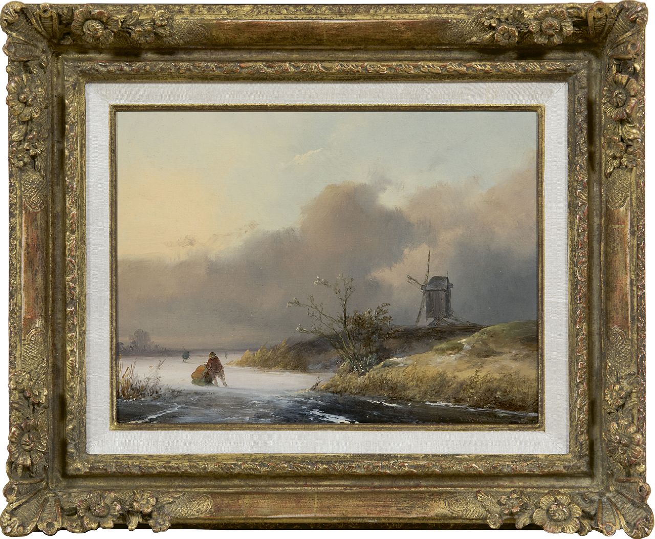 Hoppenbrouwers J.F.  | Johannes Franciscus Hoppenbrouwers, Skaters in a winter landscape, oil on panel 18.9 x 24.9 cm, signed l.r. and dated '49