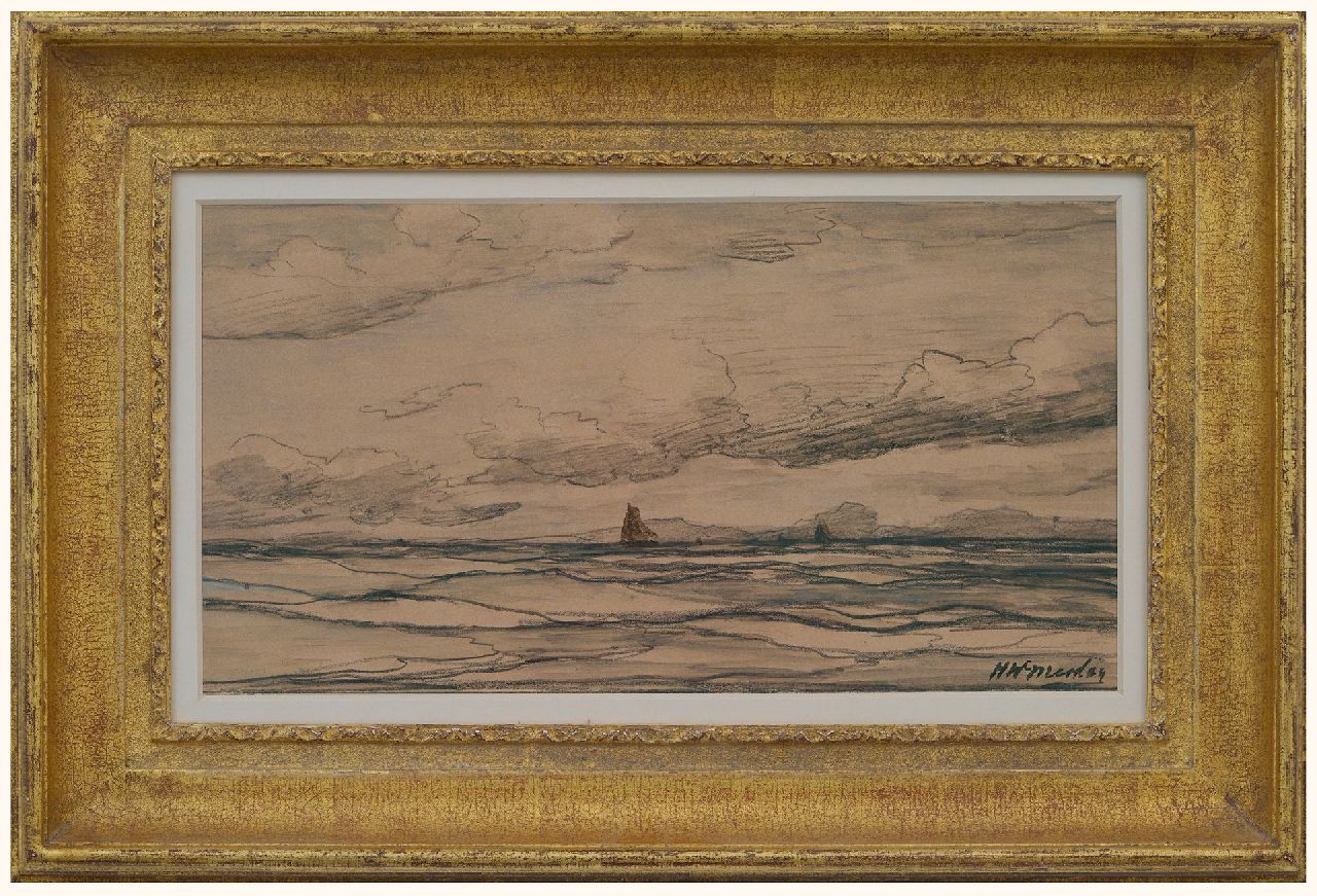 Mesdag H.W.  | Hendrik Willem Mesdag, Fishing vessels at sea, black chalk on paper 18.0 x 34.2 cm, signed l.r.