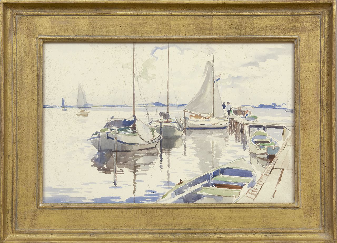 Vreedenburgh C.  | Cornelis Vreedenburgh, Barges at a jetty on the Loosdrechtse Plassen, watercolour on paper 30.5 x 46.8 cm