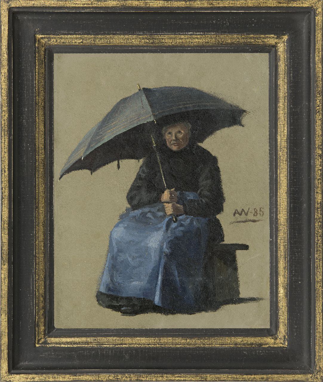 Wengberg A.E.  | 'Anna' Emilia Wengberg, A woman seated under an umbrella, oil on paper laid down on board 33.5 x 26.0 cm, signed c.r. with monogram and dated '85