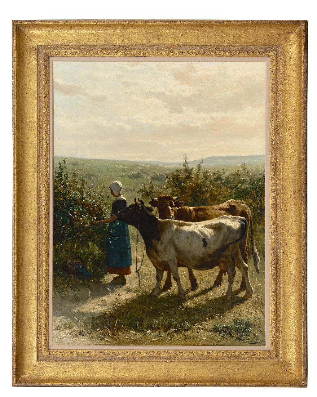 Haas J.H.L. de | Johannes Hubertus Leonardus de Haas, Young shepherdess with her cattle, oil on canvas 88.3 x 66.6 cm, signed l.r.