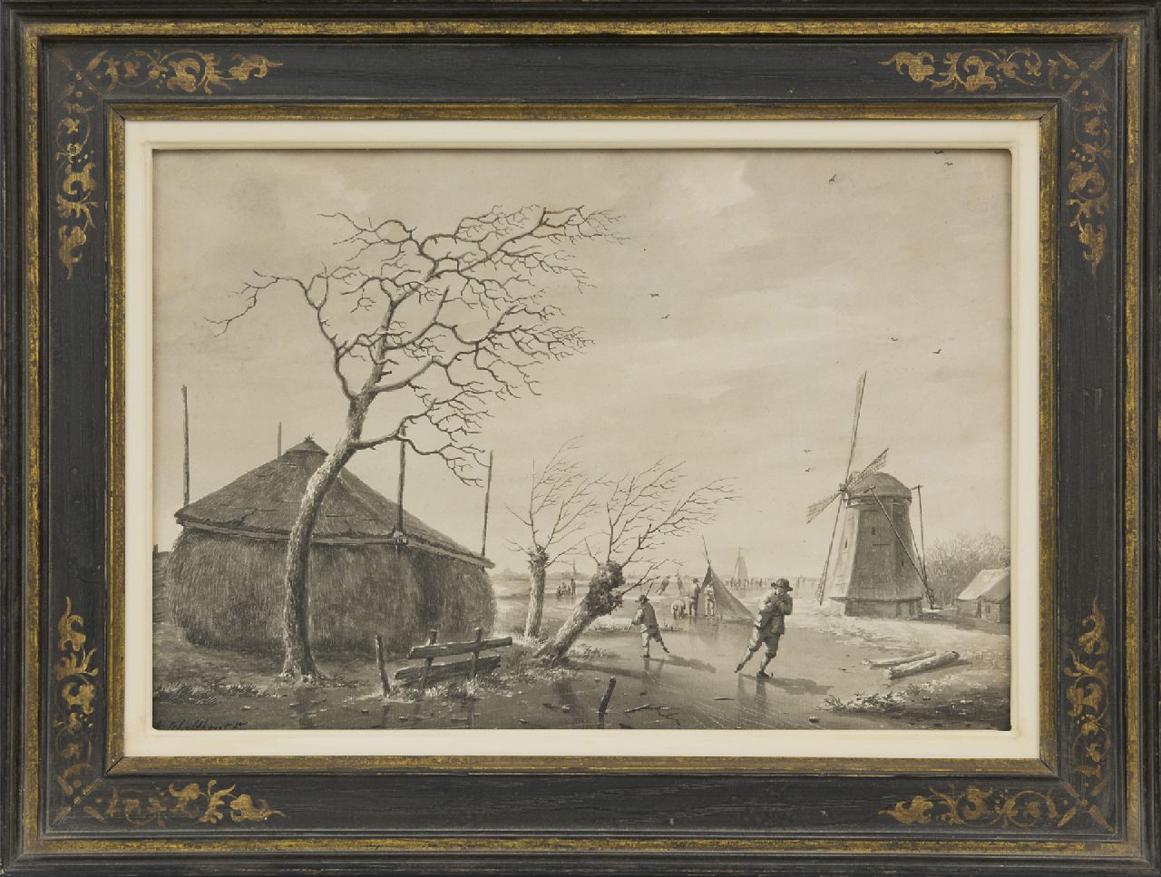 Schelfhout A.  | Andreas Schelfhout, Skaters on a frozen canal, pen, brush and ink on paper 26.1 x 38.0 cm, signed l.l. and painted ca. 1805-1850