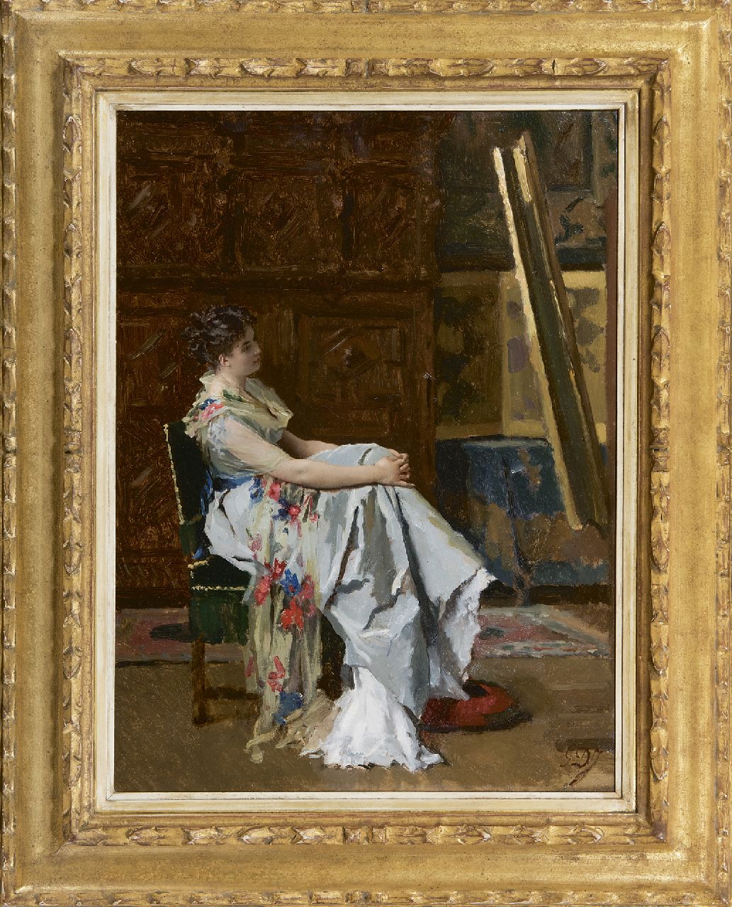 Jonghe G.L. De | 'Gustave' Léonard De Jonghe, Admiring the painting, oil on panel 49.9 x 36.9 cm, signed l.r. with initials