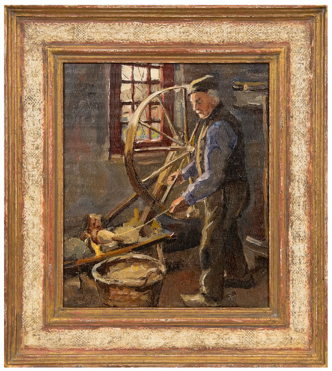 Mondriaan P.C. | Pieter Cornelis 'Piet' Mondriaan | Paintings offered for sale | Wool spinning farmer, oil on canvas 34.0 x 28.0 cm, painted ca. 1893-97 Mondriaan P.C. | Pieter Cornelis 'Piet' Mondriaan | Paintings offered for sale | Wool spinning farmer, oil on canvas 34.0 x 28.0 cm, painted ca. 1893-97