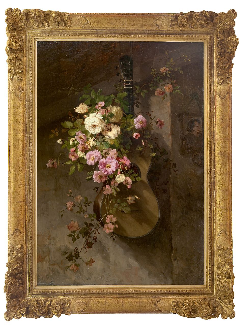Roosenboom M.C.J.W.H.  | 'Margaretha' Cornelia Johanna Wilhelmina Henriëtta Roosenboom | Paintings offered for sale | Roses on a Spanish guitar, oil on canvas 110.8 x 75.9 cm