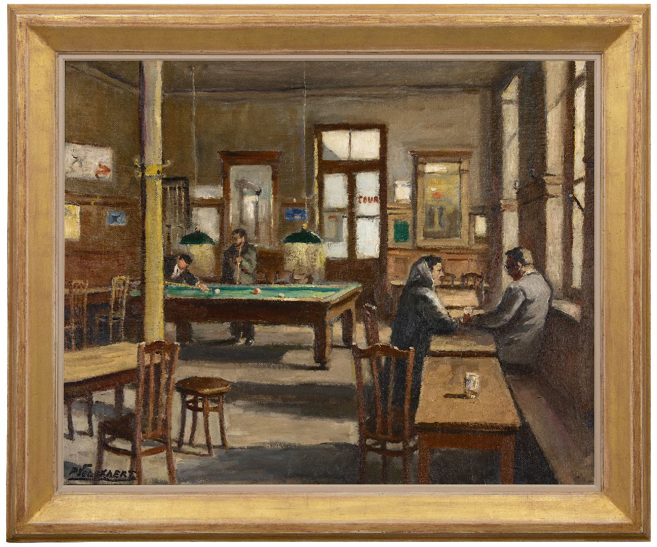 Volckaert P.  | Piet Volckaert | Paintings offered for sale | The billiard room of café Le Lievekenshoek in Brussels, oil on canvas 80.5 x 100.7 cm, signed l.l. and on the reverse
