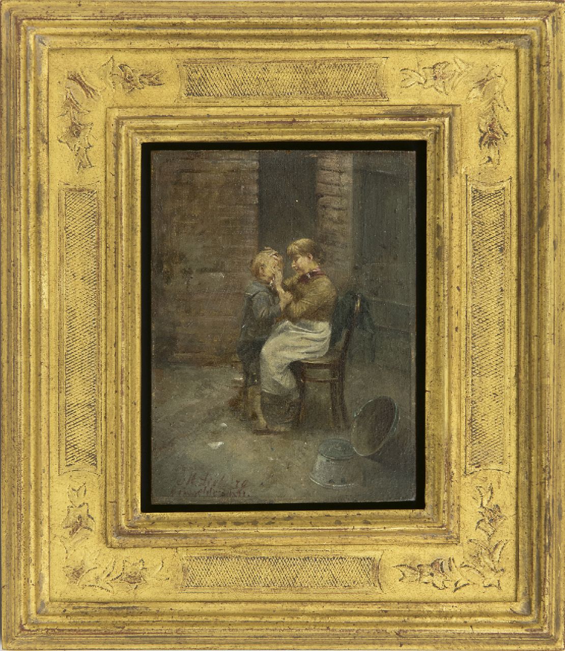 Lieberg M.  | Max Lieberg, Mother's care, oil on panel 12.0 x 9.0 cm, signed l.l. and 'Düsseldorf' 1891