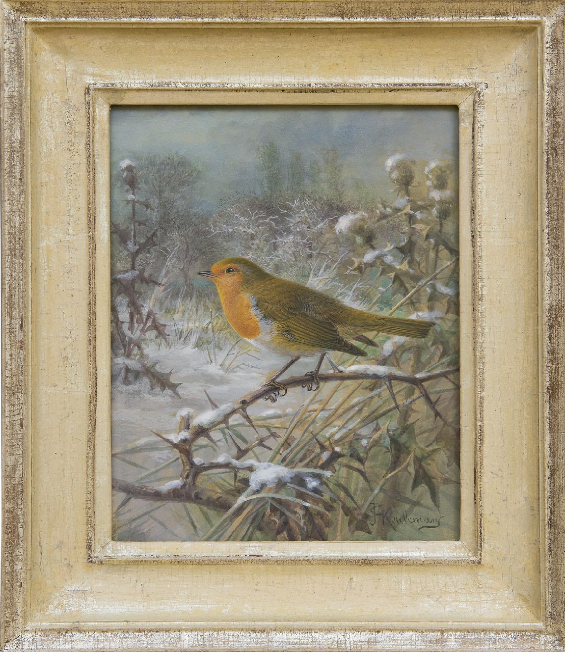 Keulemans J.G.  | Johannes Gerardus Keulemans, A robin in a snowy landscape, gouache on paper 21.5 x 17.0 cm, signed l.r.