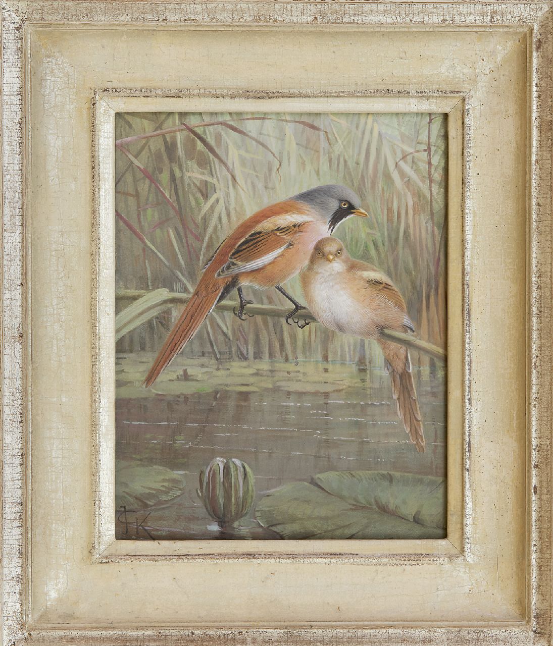 Keulemans J.G.  | Johannes Gerardus Keulemans, Bearded reetlings on a cane, gouache on paper 20.0 x 15.5 cm, signed l.l. with monogram